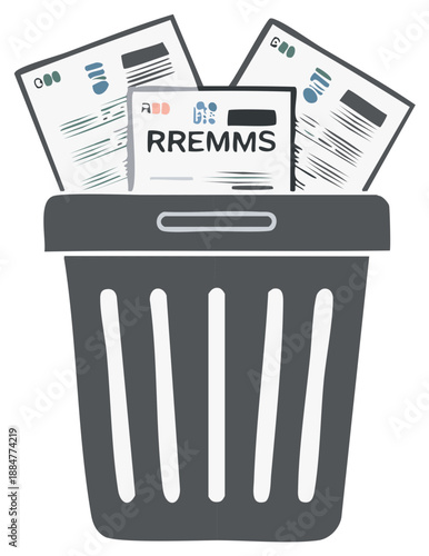 Discarding documents and information in a trash can illustration representing data deletion or disposal.