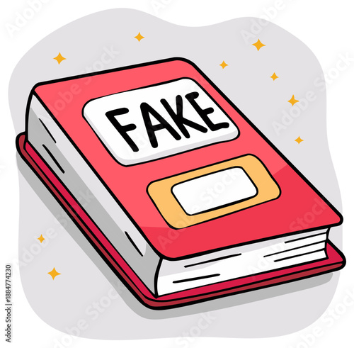 Cartoon illustration of a red book with FAKE on its cover symbolizing misinformation