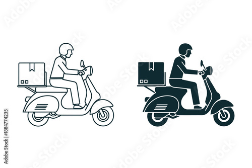 Black and white illustration of two delivery people riding scooters with boxes