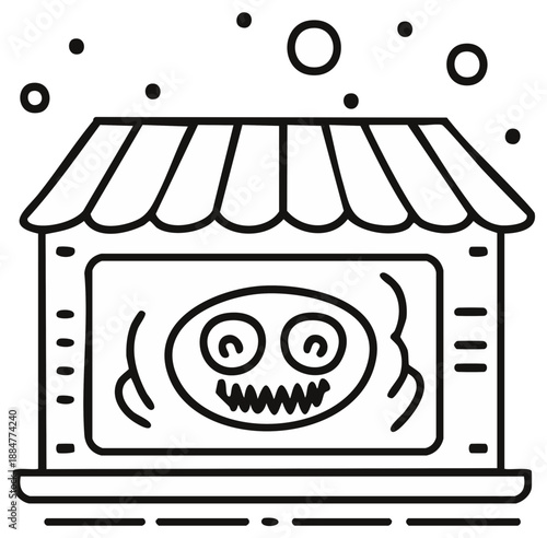 Monster in Window Display Outline Illustration Cartoon Style