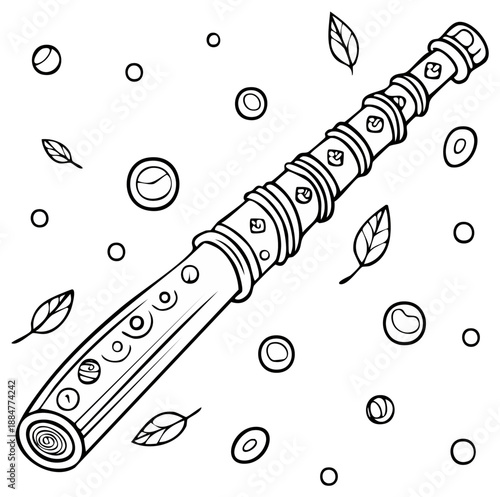 Whimsical Line Art Drawing of a Wooden Recorder Flute with Falling Leaves and Bubbles