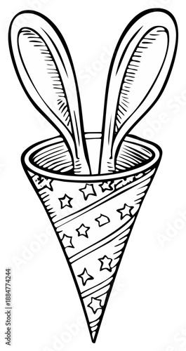 Party cone with rabbit ears sticking out. Celebration, fun, festive, festive atmosphere, drawing, graphic, simple illustration for posters and postcards.