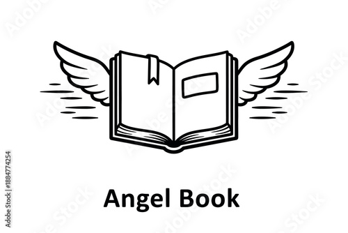 A black and white illustration of an open book with angel wings