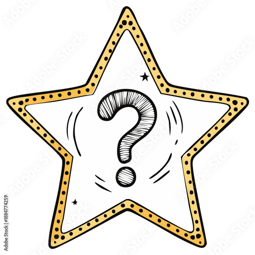 Hand drawn question mark inside a yellow star with marquee lights. Illustration for mystery, quiz, or talent show.