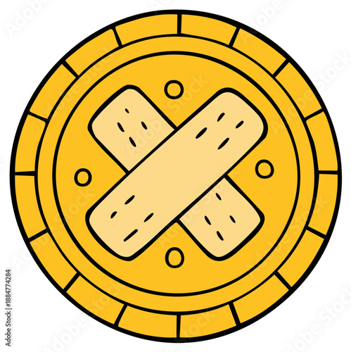 Cartoon coin with crossed bandage, financial concept, healing of investments