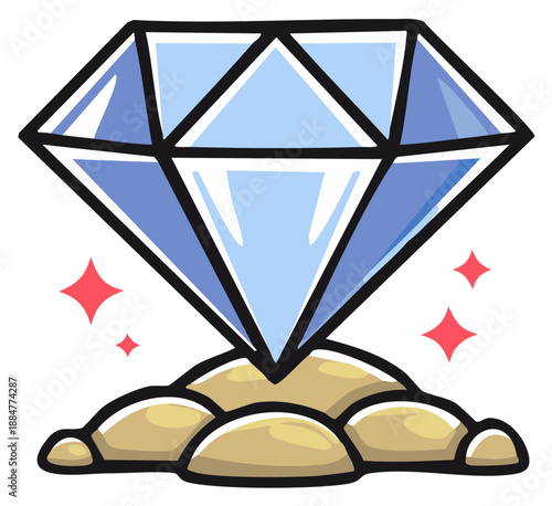 Large Blue Diamond Gemstone Resting on a Pile of Golden Sand with Sparkling Stars