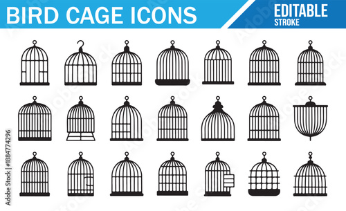 Set of 21 Black and White Birdcage Vector Icons in Various Vintage and Modern Styles, Line Art Illustration with Editable Stroke