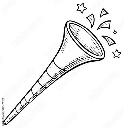 Hand Drawn Party Horn Blower with Stars Streamers in Celebration Line Art Sketch