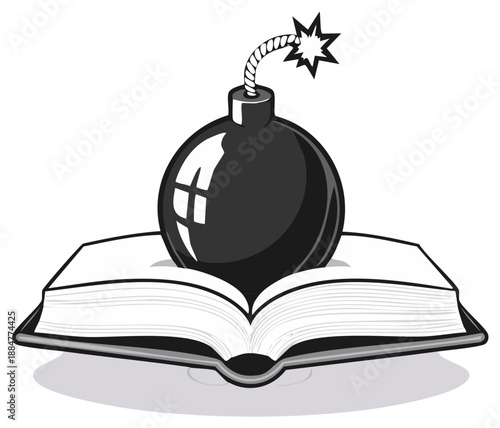 Explosive knowledge represented by a bomb atop an open book