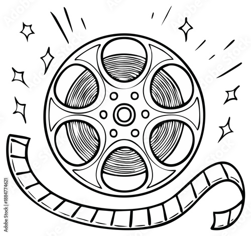 Vintage film reel with sparkling light streaks and stars representing movie magic