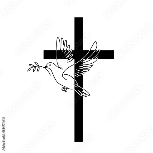 A dove against the background of the cross of Jesus Christ. Symbol of the Holy Spirit and the Church. Flat linear illustration isolated on white background.