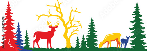 colorful deer and trees in a forest scene with grass