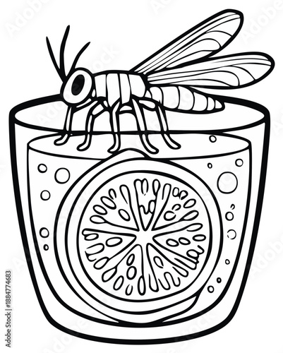 Insect resting on a refreshing drink with a citrus slice inside and air bubbles