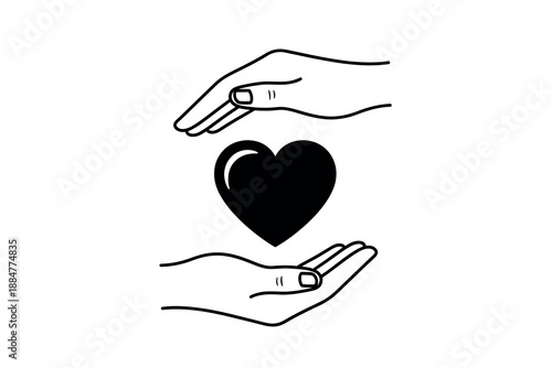 Black heart symbol held by two hands in a caring gesture