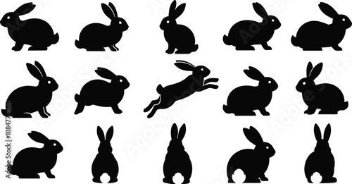 Rabbit Silhouette Collection Featuring Fifteen Unique Poses Including Sitting, Standing, Crouching, Leaping, and Rear View Designs