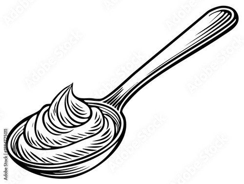 Spoonful of Cream: Close-up Woodcut Engraving of Creamy Food on a Spoon