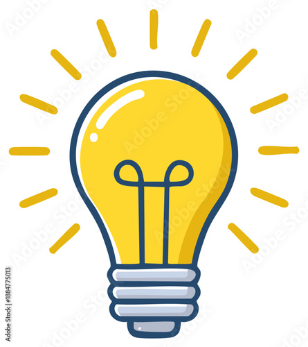Bright yellow light bulb glowing with radiating lines suggesting a new idea or innovation