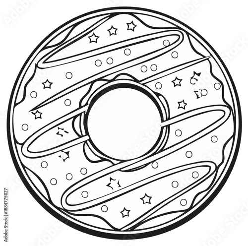 Black and white illustration of a frosted donut with sprinkles and star shapes