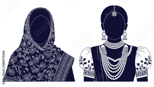 Detailed Ethnic Women Silhouettes Hijab and Traditional Indian Jewelry Vector Graphics Set