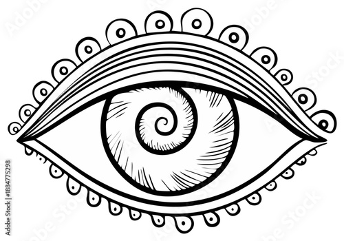 Intricate Line Art Eye Illustration With Spiral Iris Detail And Ornamental Design