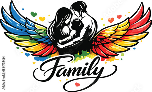 Family Embrace with Colorful Wings and Hearts Celebrating Love Connection