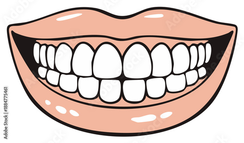 Smiling Cartoon Mouth Showing White Teeth and Pink Lips, Healthy Smile