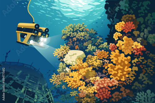 Deep sea research vehicle exploring a vibrant coral reef near a shipwreck.
