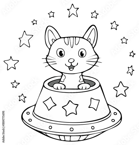 Cartoon Cat in Spaceship Surrounded by Stars