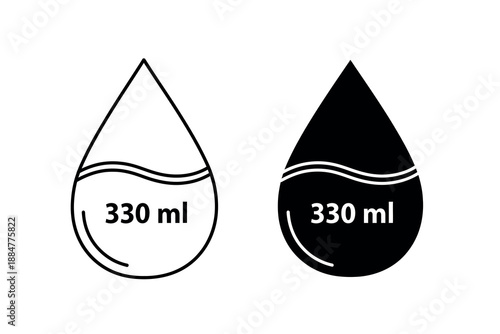 Black and white line icons of water droplets with measurement markings