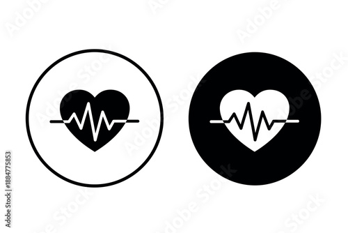 Black and white heart rate icons with ecg line in circle shapes