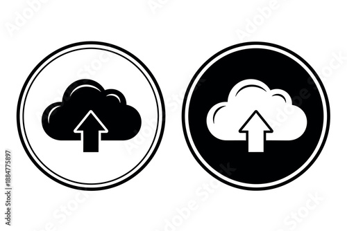 Black and white cloud upload icons in circular frames