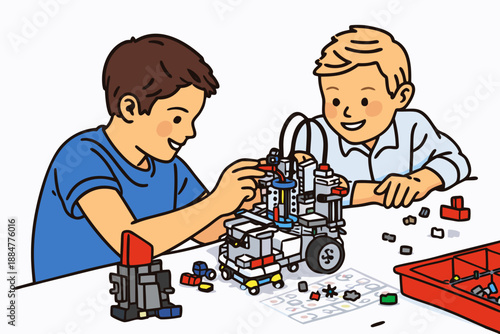 Young boys collaborating on a complex mechanical project at home.