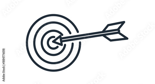 Target with an arrow hitting the center, symbolizing precision and focus on a simple white background from a straightforward viewpoint