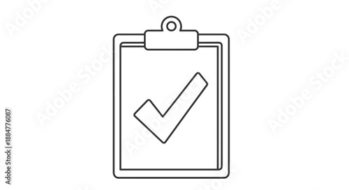 Simple Line Art Clipboard with Checkmark on Plain Background from Straight-On Viewpoint