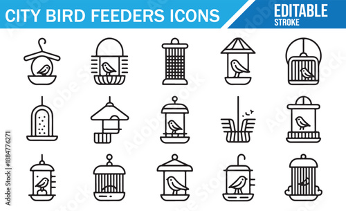 Hanging birdhouse and seed dispenser icons. Vector line illustrations for urban nature.