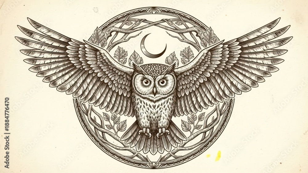 Fototapeta premium Intricate owl illustration with extended wings and moon crest element