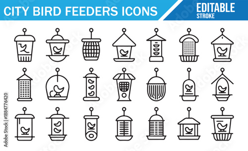 Vector icons of various bird feeders for city gardens and parks. Black and white outline illustrations.