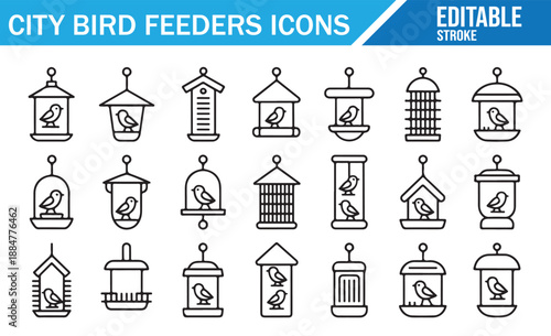 Set of city bird feeder icons with editable stroke. Outline vector collection of urban wildlife equipment.