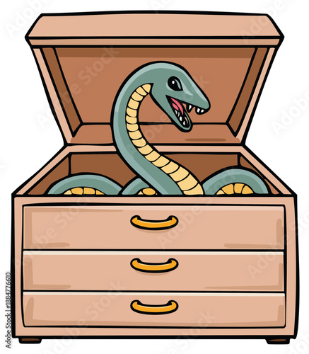 Cartoon snake emerging from an open wooden dresser with drawers