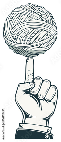 Illustration of a hand balancing a ball of thread on the fingertip, vector design