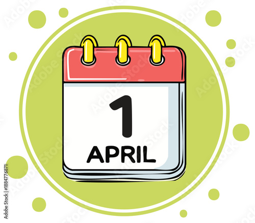 Cartoon style calendar page showing April 1st date, symbolizing April Fool's Day celebration and humor concept.