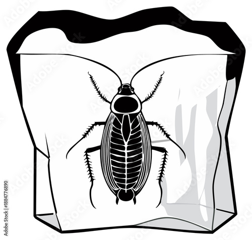 Insect trapped in ice cube scientific illustration in black and white vector art
