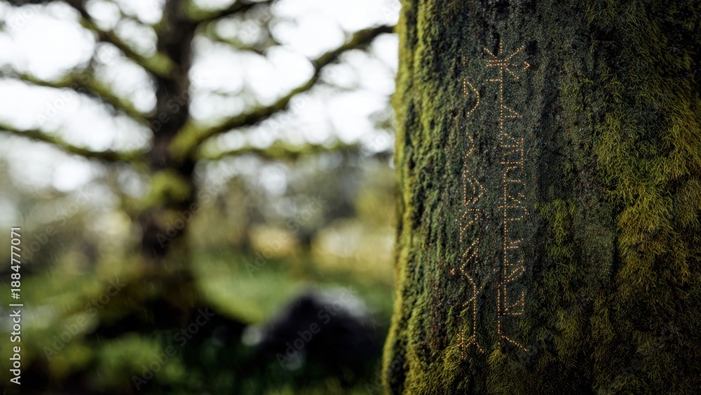 Obraz premium Mystic Runes Carved into a Mossy Tree