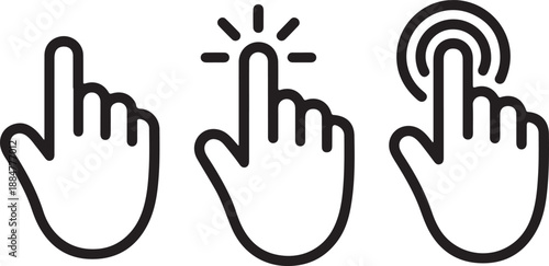 A set of three outline hand cursor icons representing clicking gestures for user interfaces and web navigation
