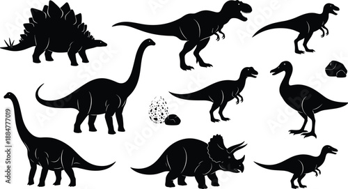 Dinosaur silhouettes collection featuring various prehistoric species and eggs, black vector illustration set of ancient reptiles isolated on white background