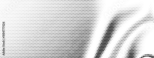 Hexagon pattern halftone with overlay fade corner and trail gradient dot. Honeycomb minimal background with creative hexagon repeat and techno cell curve. Vector decorative hexagon.