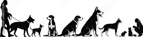 Dog owner walking and training multiple dogs silhouettes in a row, pet care illustration showing companionship, obedience, animal behavior, and responsible pet lifestyle concept