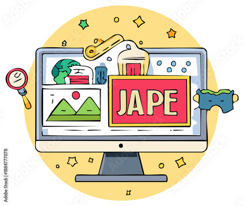 Computer Screen with Jape Text and Cartoon Graphics Illustration