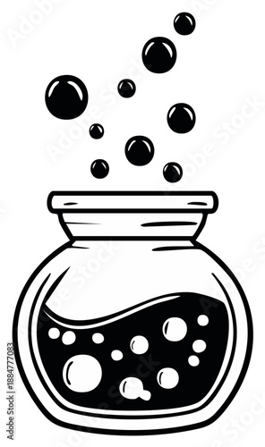 Black potion bubbling in a glass jar with rising bubbles cartoon art