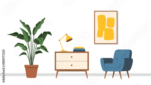 Cozy living room corner with a large green potted plant, a mid-century modern wooden cabinet featuring a desk lamp and books, and a comfortable blue armchair, home decor.